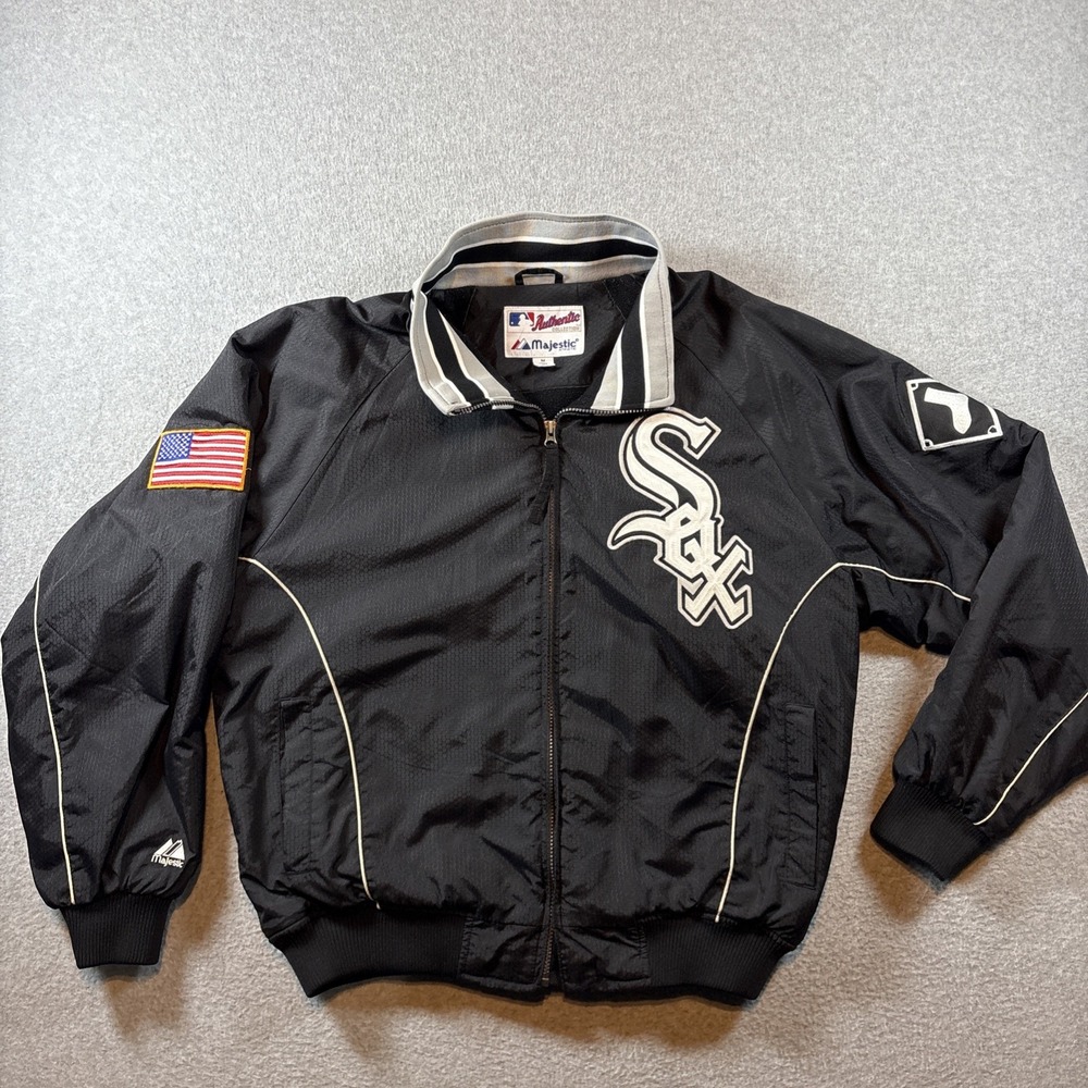 VTG Chicago White Sox Jacket Mens M Majestic USA Flag Dug Out Therma Zip READ!